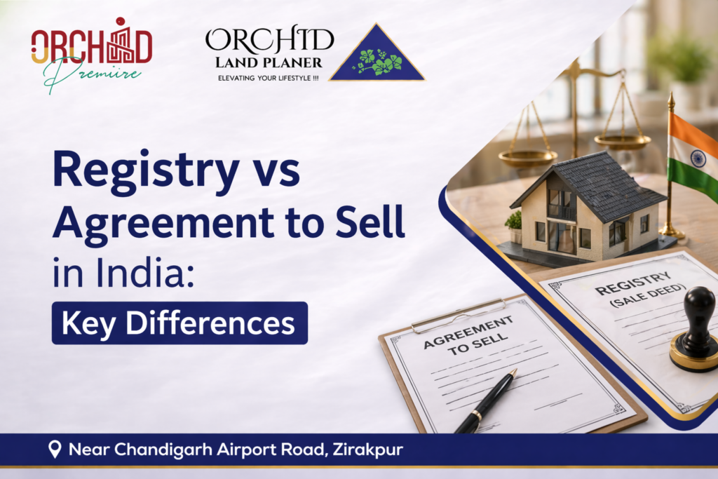 Registry vs Agreement to Sell in India explaining key legal differences between property registration and sale agreement with real estate concept visuals