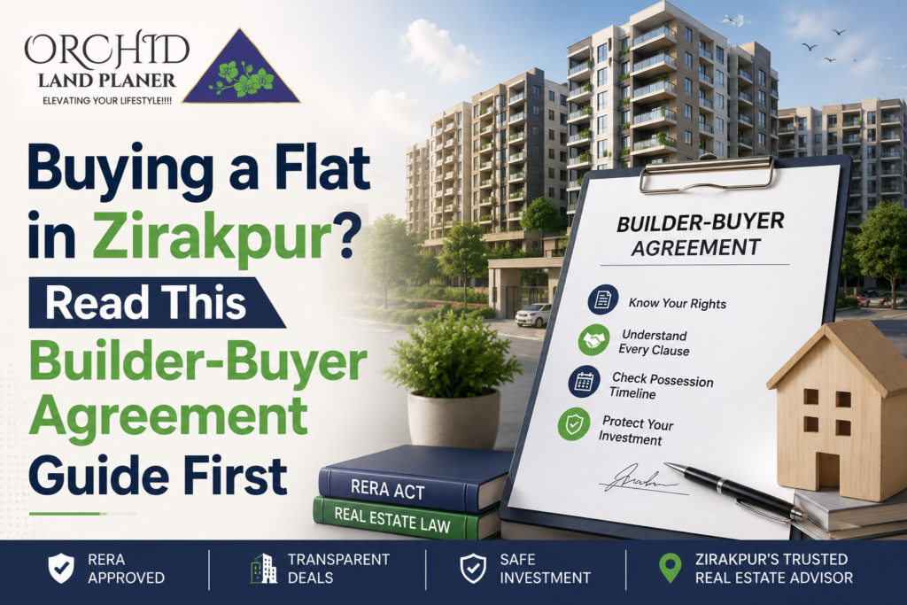 Builder-Buyer Agreement guide for 3BHK flats in Zirakpur featuring RERA-approved property checklist, residential apartments, and Orchid Land Planner branding.