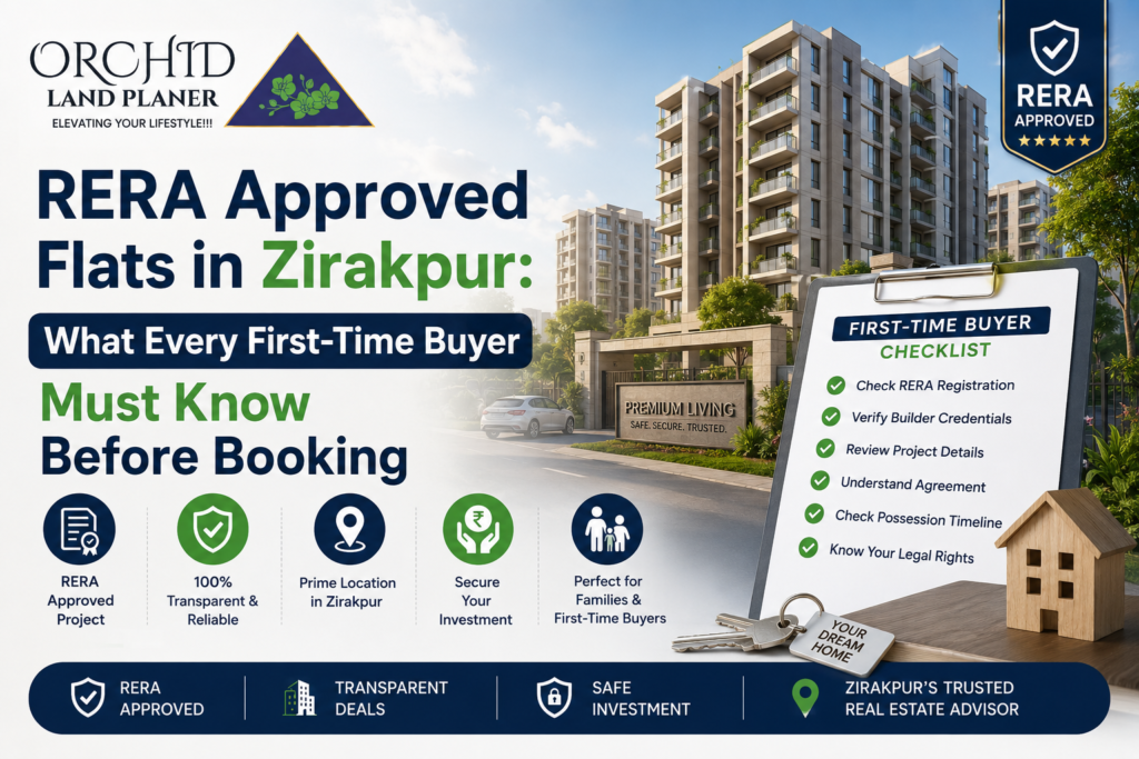 RERA-approved flats in Zirakpur infographic featuring modern apartment buildings, first-time buyer checklist, property documents, house model, and key information about safe real estate investment.