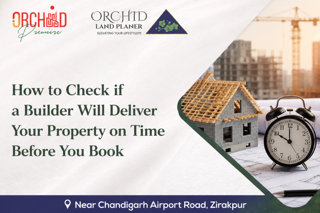Illustration showing a house under construction with a clock, highlighting how to check if a builder will deliver your property on time before booking.