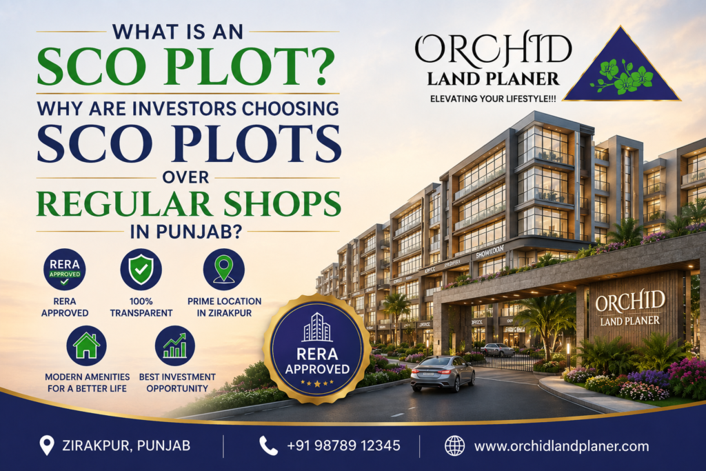 Modern SCO commercial project by Orchidland Planners showcasing why investors prefer SCO plots over regular shops in Punjab with premium retail investment opportunities on Dera Bassi Highway.