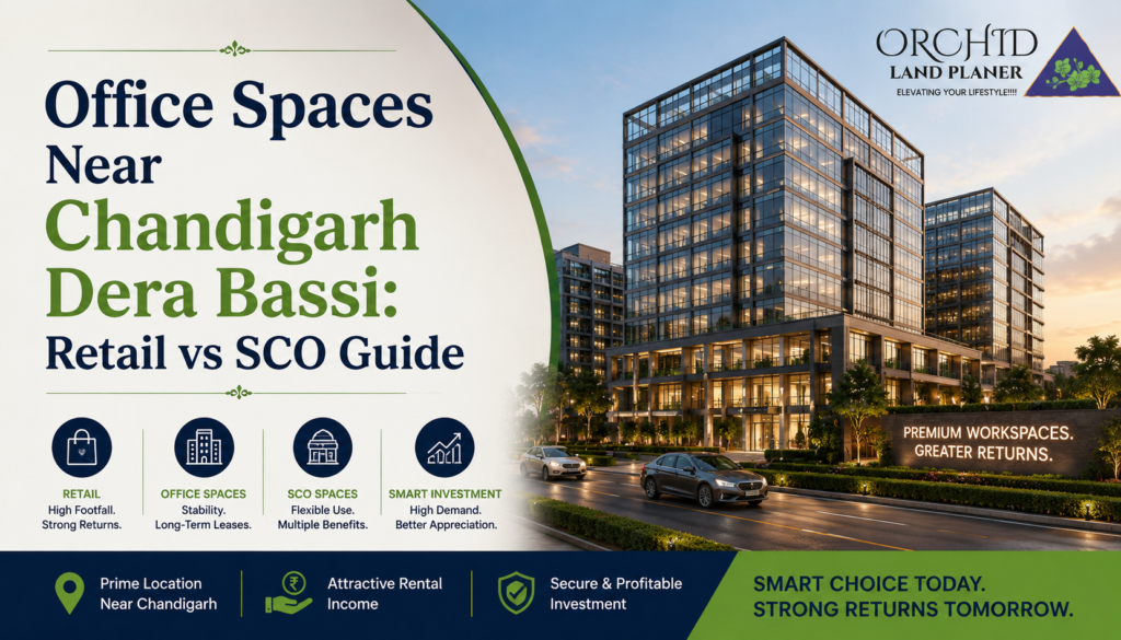 Office spaces near Chandigarh Dera Bassi comparing retail shops and SCO properties for commercial real estate investment in Zirakpur by Orchid Land Planners.