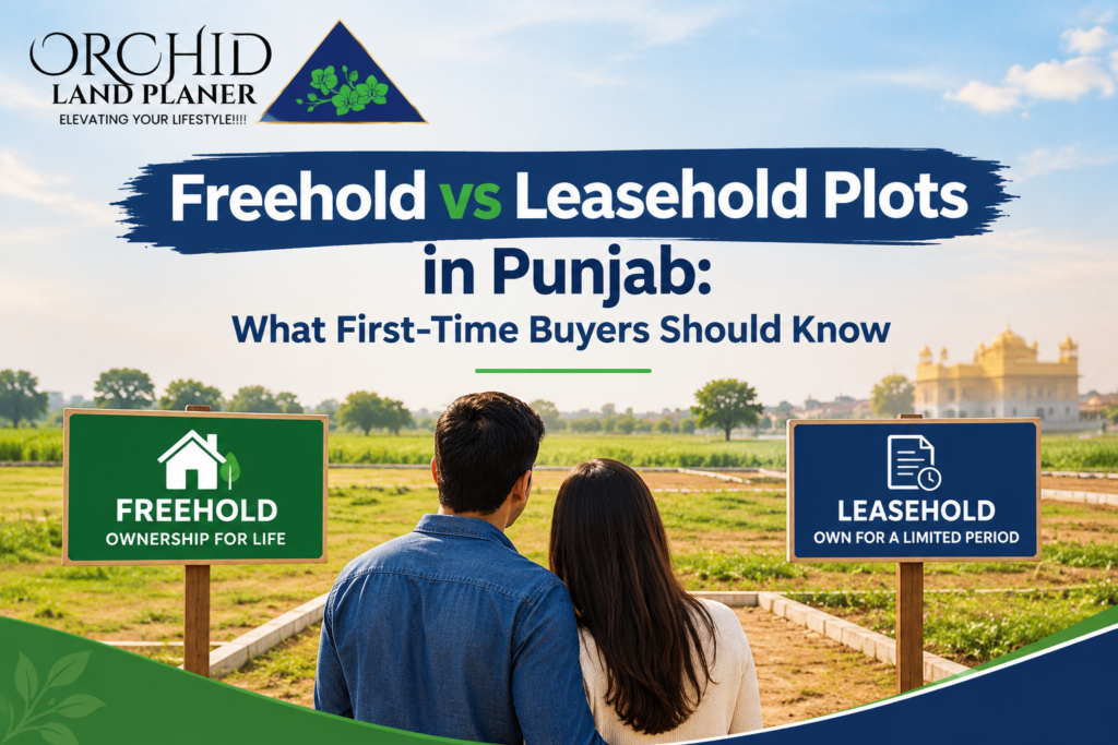 Freehold vs leasehold plots in Punjab comparison graphic showing a couple viewing plots of land, with freehold and leasehold signs and Orchid Land Planer branding.